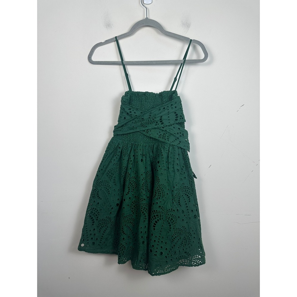 Farm Rio Mini Dress Women XS Green NEW Eyelet Smocked Tie Back Boho Anthro